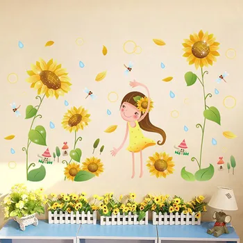 Kreskówka wiejskie kwiaty słonecznika naklejki dla dziewczyn Sypialnia Salon dekoracji wymienny PCV, ściany decor naklejki