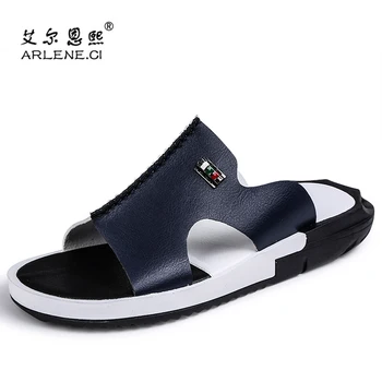 2019 męskie letnie gorące kapcie sandały moda Peep Toe PU japonki obuwie męskie zewnętrzne antypoślizgowe płaskie obuwie plażowe duży rozmiar 38-46