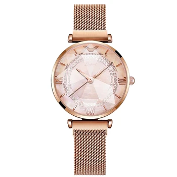 Moda Złoty Zegarek Dla Kobiet Różowe Złoto Magnes Zegarek Dla Dziewcząt W Luksusowym Stylu Bransoletka Gem Cut Flower Mirror Relogio Feminino Rhinestone