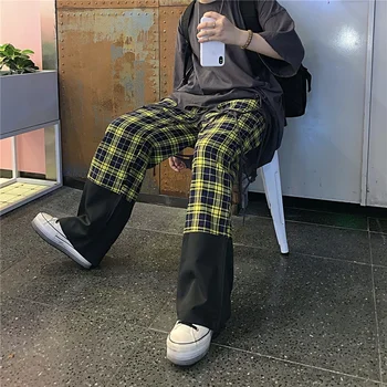 Harajuku Unisex Spodnie Wzór Szachownicy Temat Długie Kobiety Mężczyźni Spodnie Kurtki Patchwork Spodnie Meble Ubrania Hipster Jesień Pary Odzież