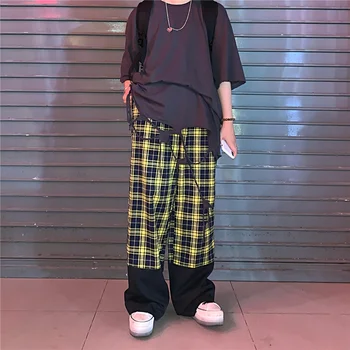Harajuku Unisex Spodnie Wzór Szachownicy Temat Długie Kobiety Mężczyźni Spodnie Kurtki Patchwork Spodnie Meble Ubrania Hipster Jesień Pary Odzież