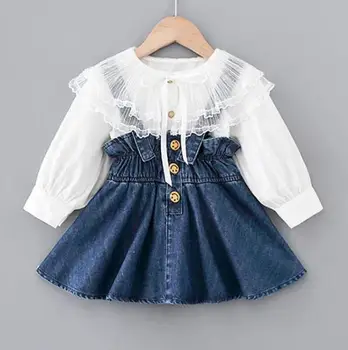 1-5Y dzieci Baby Girl odzież Garnitury Księżniczka dzieci dziewczyny stroje Wiosna bluzka bluzki kombinezony pasek Denim sukienka dziewczyny zestaw