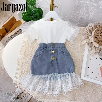 Jargazol Fashion Kids Clothes Puff Sleeve Shirt&lace Denim Skirt Korean Summer Little Girls Clothing Set słodkie dzieci stroje