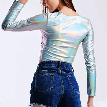 Bling Hologram Laser V Neck Z Długim Rękawem Slim Crop Tops Summer Patchwork Sexy Women T Shirt Club Party Cute Tops 2019 Trendy