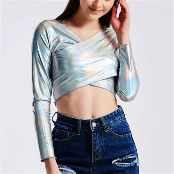 Bling Hologram Laser V Neck Z Długim Rękawem Slim Crop Tops Summer Patchwork Sexy Women T Shirt Club Party Cute Tops 2019 Trendy