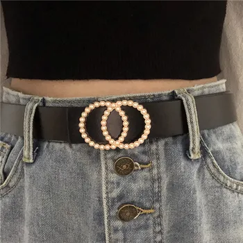 Paski damskie luksusowej marki podwójne koło klamra wszystko-Mecz pasek jeans spodnie czarny rhinestone biżuteria damska moda pas