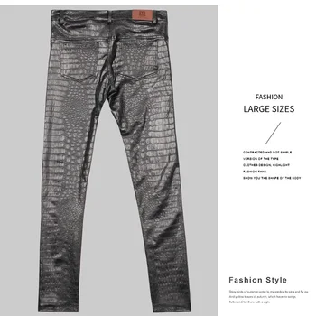 Męskie spodnie 3 D Intaglio Printing Crocodile Grain legginsy faux leather casual denim fryzury stylista wąskie spodnie motocyklowe