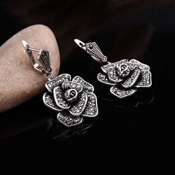 Feel Good Vintage Silver Color Biżuteria Czarny Kryształ Duży Kwiat Kolczyki Zestawy Biżuterii Dla Kobiet Ślub Matka Prezenty