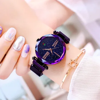 Eleganckie Fioletowe Damskie Zegarki Gwiaździste Niebo Fashion Lady Zegarek Kwarcowy Magnes Klamra Na Co Dzień Biznes Impreza Dziewczyny Prezent Zegarek
