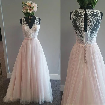 Skromny тюлевое suknia ślubna V-neck A-Line z koronkowymi aplikacjami i pasem różowe тюлевое suknia ślubna Reals