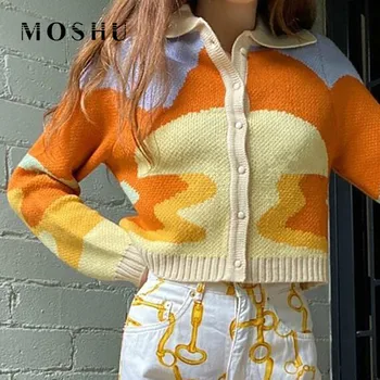 Jesienny Vintage Sweter Z Dzianiny Swetry Sweter Kobiety Krótki Print Z Długim Rękawem Golf Sweter Moda Swetry Femme