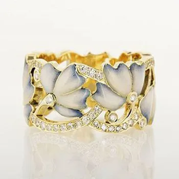 Luksusowy niebieski kwiat śliwki rhinestone pierścienie dla kobiet moda biżuteria żółty kolor złoty motyl kwiat pierścień bague femme Z4T410