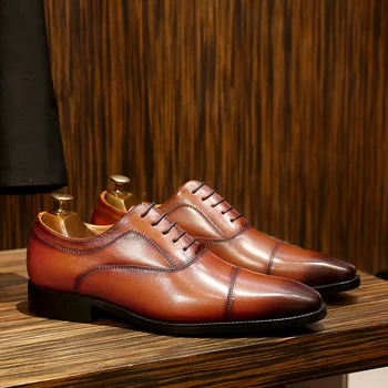Phenkang Men naturalna skóra bydlęca skóra брог ślubny biznes męska casual buty na płaskiej podeszwie 2020 czarny wzór Оксфордская buty dla mężczyzn buty