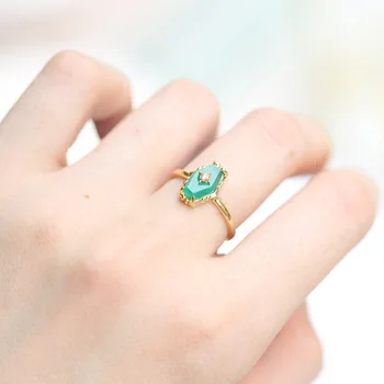 LAMOON 925 srebrny pierścień dla kobiet elegancki, Vintage romb zielony chalcedon 14K pozłacane biżuterii LMRI088