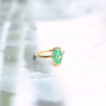 LAMOON 925 srebrny pierścień dla kobiet elegancki, Vintage romb zielony chalcedon 14K pozłacane biżuterii LMRI088