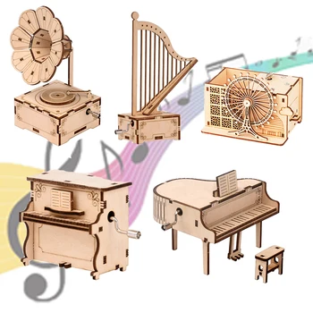 DIY 3D nowa drewniana ręcznie pozytywka puzzle Gramofon pianino, Harfa zestawy montaż zabawka prezent dla dzieci i dorosłych