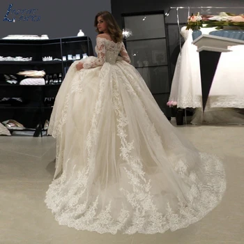 Suknia ślubna luksusowe koronki suknia z długim rękawem zima vestido de noiva pociąg szlafrok de mariee z ramienia