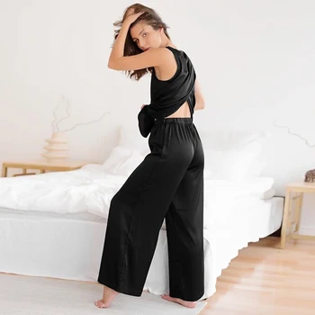 HECHAN Black Female Nocna Sexy Sleepwear Satin Two Piece Sets temat spodnie casual piżama damska domowy strój ciągła nocna odzież