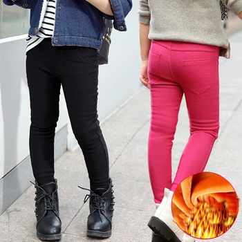 Dziewczyny legginsy Jesień Zima welurowe grube długie spodnie stretch wąskie bawełniane флисовые spodnie dla dziewczynek dżinsy cukierki kolor dziecięce spodnie
