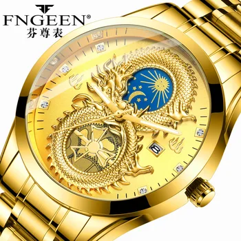 Top Brand Steel Wodoodporny Sun Moon Star Dragon Watch kalendarz złoty zegarek Kwarcowy zegarek dla mężczyzn zegarki sportowe FNGEEN zegarki męskie