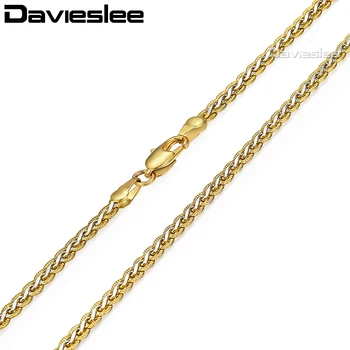 Davieslee męskie damskie naszyjnik żółte złoto wypełnione łańcuch młotkiem pleciony pszenica link sprzedaż Hurtowa biżuterii 3/4mm LGN328