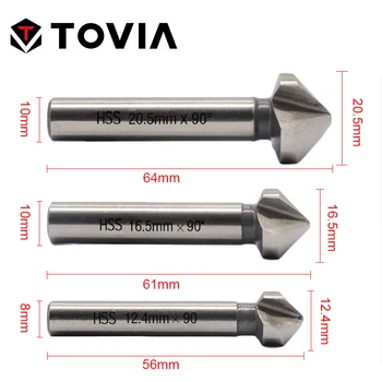TOVIA 6szt HSS sfazowanie wiertło 90 stopni 3 flety Gratownik fazki z żelaznym kadłubem 6.3-20.5 mm sfazowanie nóż okrągły chwyt