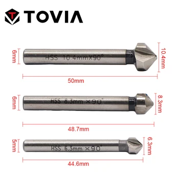 TOVIA 6szt HSS sfazowanie wiertło 90 stopni 3 flety Gratownik fazki z żelaznym kadłubem 6.3-20.5 mm sfazowanie nóż okrągły chwyt