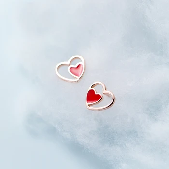 MloveAcc romantyczny 925 srebro wykwintne podwójne czerwone słodkie serce Stud kolczyki dla kobiet modne kolczyki biżuteria Brincos
