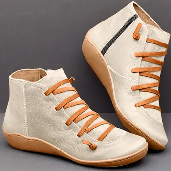 Damskie codzienne płaskie skórzane retro buty sznurowane boczny zamek błyskawiczny toe botki Vintage punk wygodne buty Botas Mujer A50