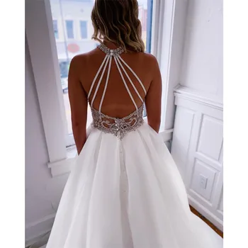 HONGFUYU A Line White Organza Wedding Dresses 2021 Simple Heyhole High Neck Crystals suknie ślubne robe de mariage z kieszeniami
