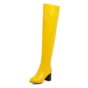 2021 Jesień Zima moda buty powyżej kolana miękka sztuczna skóra kwadratowy wysoki pięty kolana wysokie buty zamek Damskie buty żółty czarny