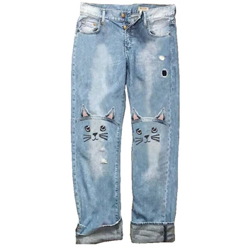 Damskie jeansowe modne Capri z niskiej talii Modelu Cat Damskie dżinsy codzienny styl uniwersalny haftowane temat damskie spodnie jeansowe