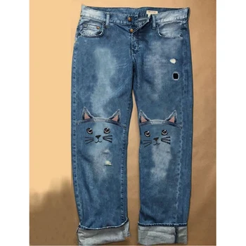 Damskie jeansowe modne Capri z niskiej talii Modelu Cat Damskie dżinsy codzienny styl uniwersalny haftowane temat damskie spodnie jeansowe