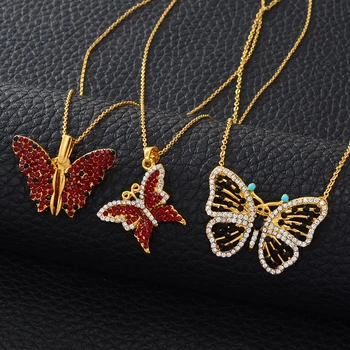 Anniyo Motyl Naszyjnik Z Rhinestone Wisiorek Cienkie Łańcuchy Kobiety Dziewczyny Złoty Kolor Biżuteria Motyl Latający Naszyjniki #017301