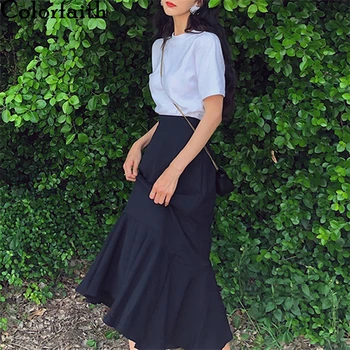 Colorfaith nowy 2021 wiosna lato damskie spódnice wysoka elastyczna talia Vintage elegancki trąbka damska, modna spódnica midi SK1621