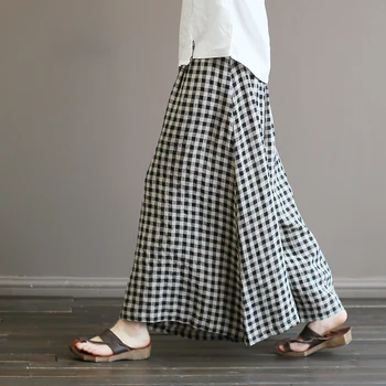 Kobiety temat komórkowe lniane spodnie Damskie elastyczne w pasie wzór w kratkę spodnie Damskie retro spodnie 2018 Lato