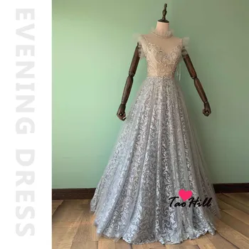TaoHill 2020 Silver A-line Sexy Evening Dress High Neck długość podłogi i kryształy modne sukienki