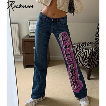 Rockmore Letter Print proste spodnie jeansowe 2020 denim matki dżinsy z wysokim stanem chłopak luźne vintage spodnie koreański Y2K spodnie