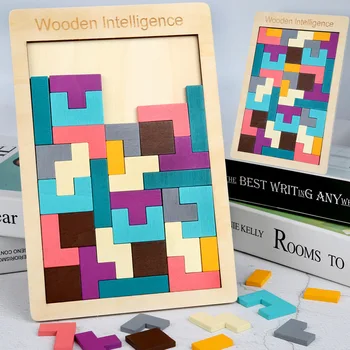 Kolorowe drewniane Tangram puzzle zabawki gry Tetris przedszkola Магинирования intelektualne, edukacyjne zabawki dla dzieci GYH