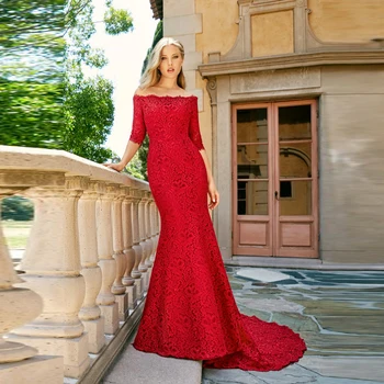Gumtree uroczy Czerwony koronki suknia suknie ślubne z otwartymi ramionami 3/4 rękawy krótkie rękawy suknie ślubne kaplicy pociąg 2020