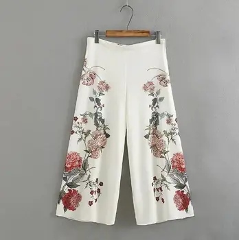 Damska wiosna lato europejska moda kwiatowy print białe długie spodnie Damskie zapinane szerokie spodnie spodnie TB759