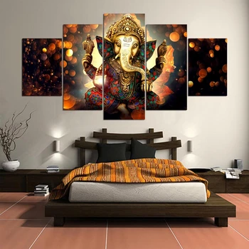 Płótno Malarstwo ścienne sztuka wystrój domu ramka 5 sztuk Ganesh słoni Bóg do salonu Nowoczesne HD drukowana Krajobrazowa obraz