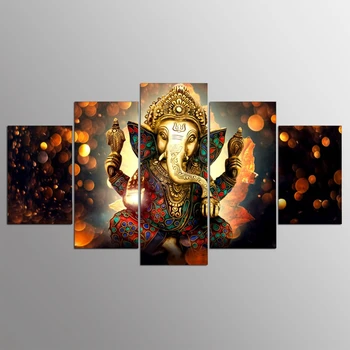 Płótno Malarstwo ścienne sztuka wystrój domu ramka 5 sztuk Ganesh słoni Bóg do salonu Nowoczesne HD drukowana Krajobrazowa obraz