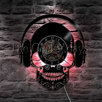 Nosząc słuchawki słuchać muzyki czaszka głowa płyta Winylowa zegar ścienny z podświetleniem led hippie czaszka światło dekoracyjne