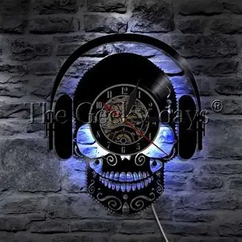 Nosząc słuchawki słuchać muzyki czaszka głowa płyta Winylowa zegar ścienny z podświetleniem led hippie czaszka światło dekoracyjne