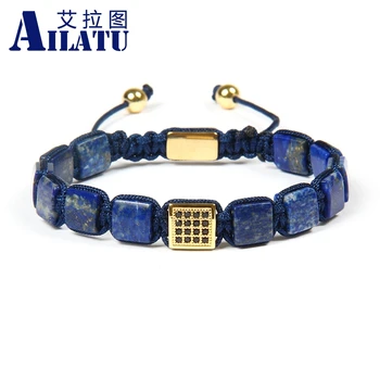 Ailatu sprzedaż Hurtowa 10 szt./lot 8x8 mm naturalny Lapis lazuli kamień koraliki z czarnym Cz kwadratowy макраме bransoletka Bransoletka dla fajnych mężczyzn