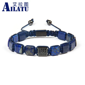 Ailatu sprzedaż Hurtowa 10 szt./lot 8x8 mm naturalny Lapis lazuli kamień koraliki z czarnym Cz kwadratowy макраме bransoletka Bransoletka dla fajnych mężczyzn