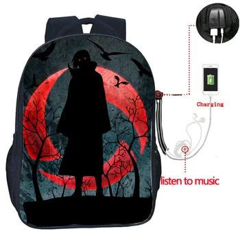 Naruto USB ładowanie plecak studenci torby szkolne książki Mężczyźni Kobiety torby Sasuke Uchiha Itachi podróży ramię plecak