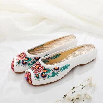 ZFTL Chińska tradycyjna tkanina buty kobiety haftowane etniczne sandały pantofle domowe, kapcie wewnętrzne wzrost kobieta handmade