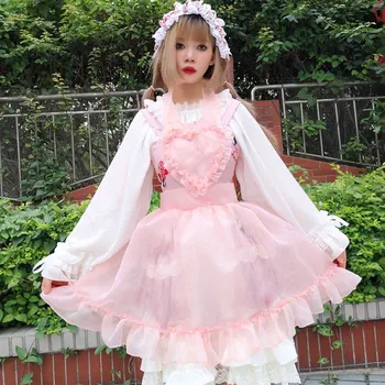 Japońska księżniczka letni марлевое sukienka Lolita sercowata fartuch miękka siostra Kawaii dziewczyna przezroczysta пухлая siatka cosplay